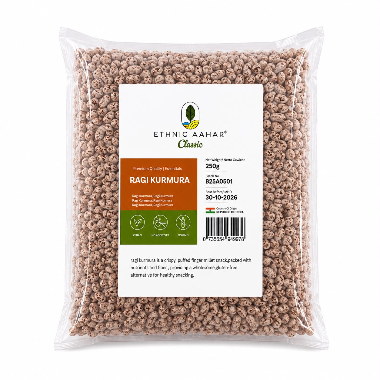 Asiatischer Lebensmittel Online-Shop, Ragi Kurmura in Verpackung.