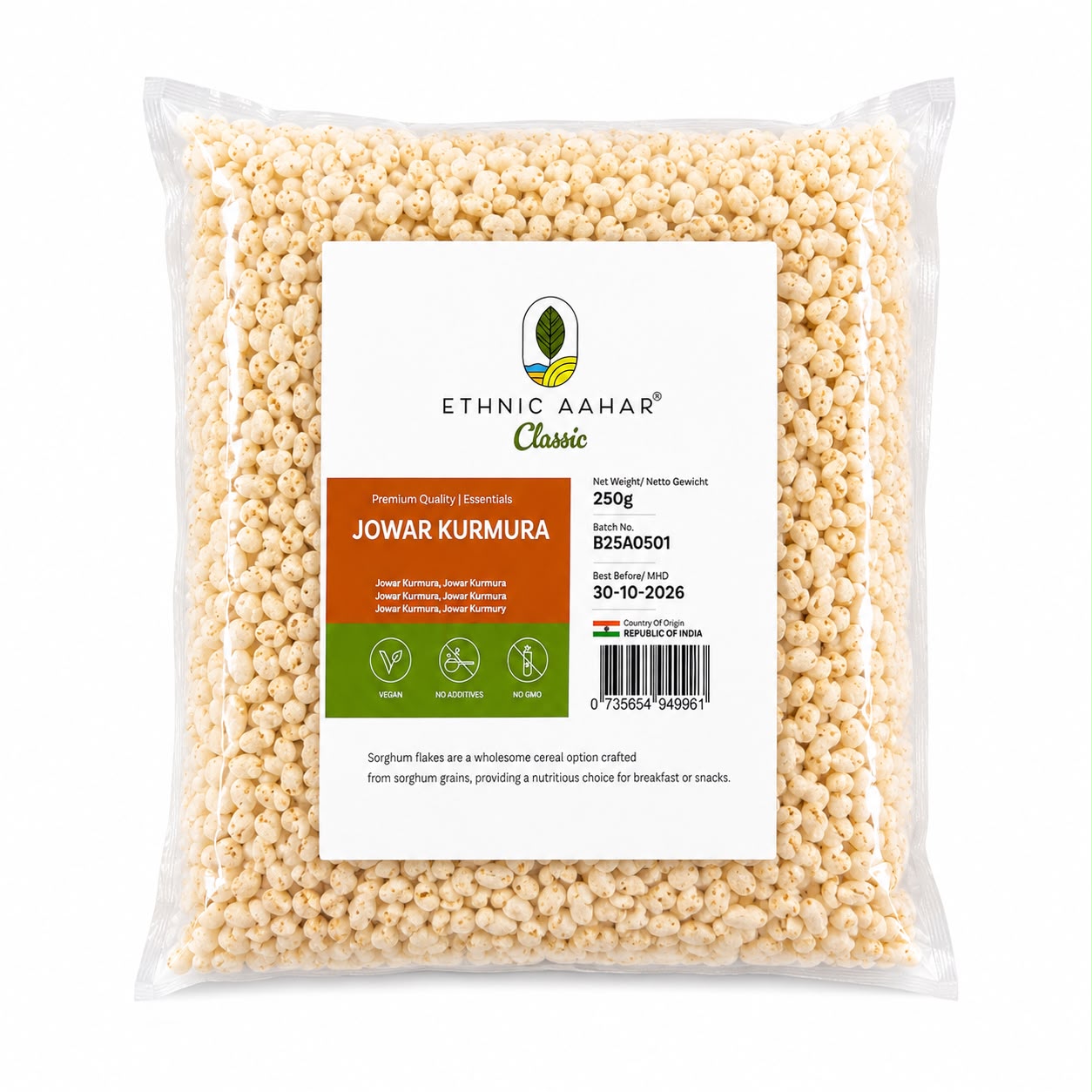 Asiatische Lebensmittel Online-Shop, Jowar Kurmura in Verpackung.