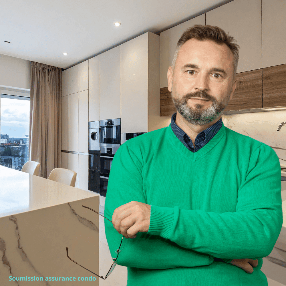 Man in modern kitchen, condo insurance quote.