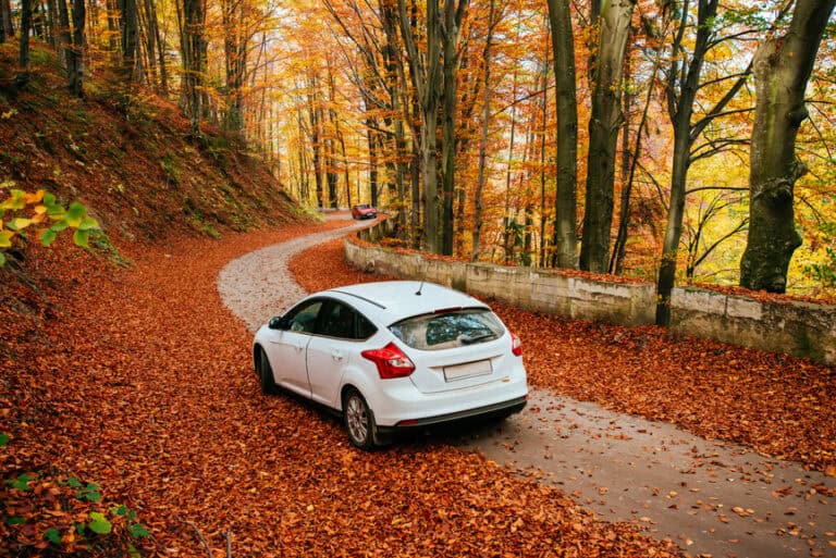 Une voiture blanche roule sur une route sinueuse du Québec, recouverte de feuilles d'automne orange et brunes, entourée de grands arbres aux feuillages colorés. On aperçoit une autre voiture devant, et un mur de pierre borde une partie de la route à travers la forêt.