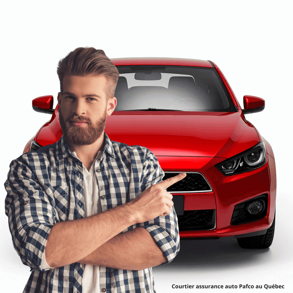 Man in front of a red car in Quebec.