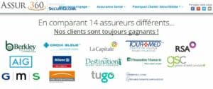 The header of the web page features the logos of 14 insurance companies, including Securiglobe and Green Shield Canada, with French text above and a quote comparator, ideal for users in Quebec.
