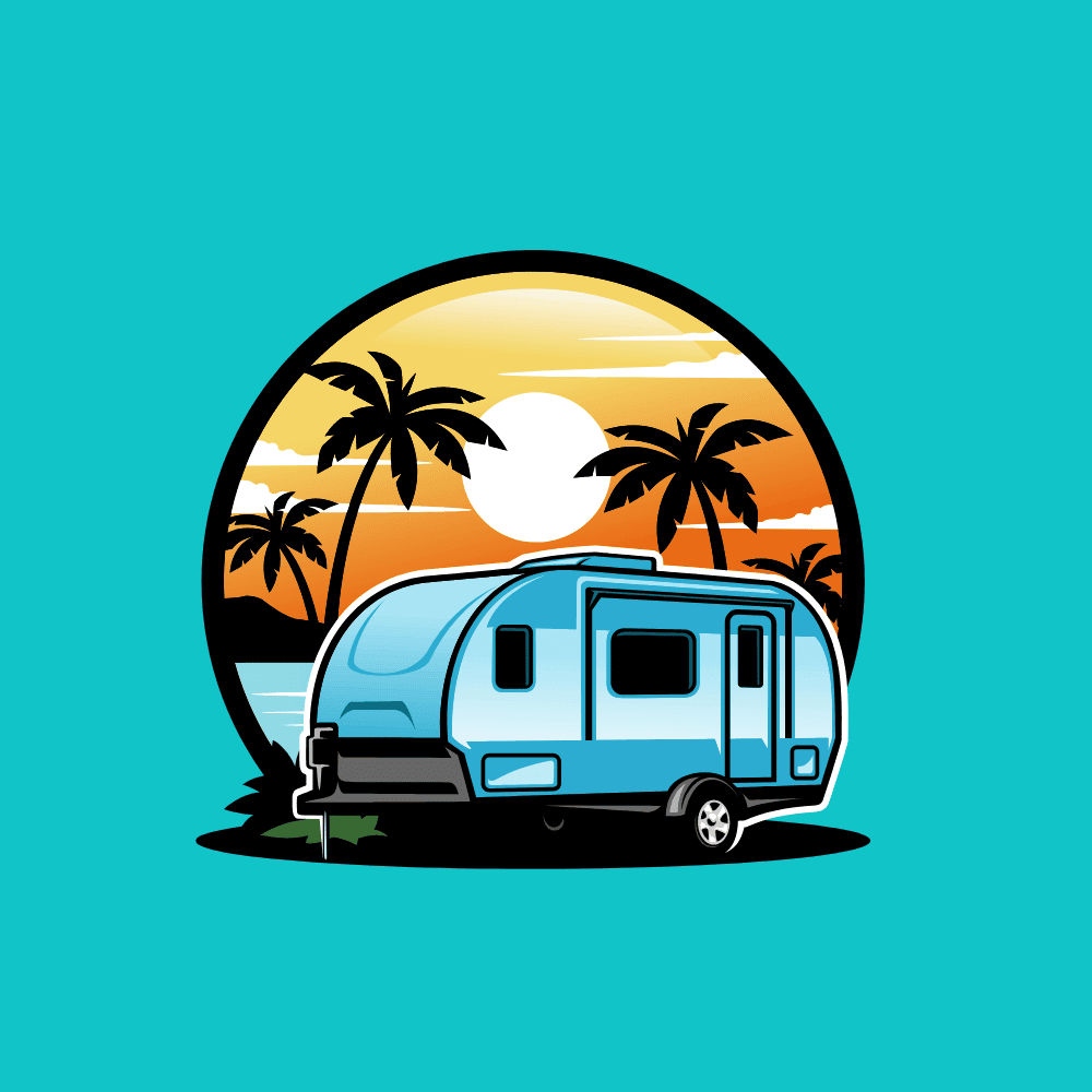 Caravane bleue devant coucher de soleil avec palmiers.