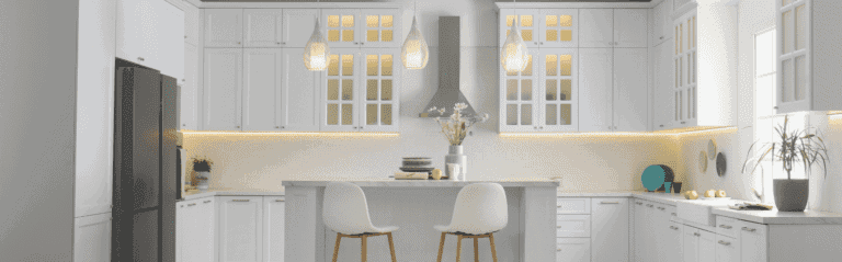 Modern white kitchen with glass-front cabinets, pendant lights, and a center island with two white barstools—stylish design that could easily impress any assurance comparateur seeking top value and prix for your home.