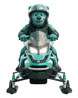 Ours polaire conduit motoneige turquoise sur neige.