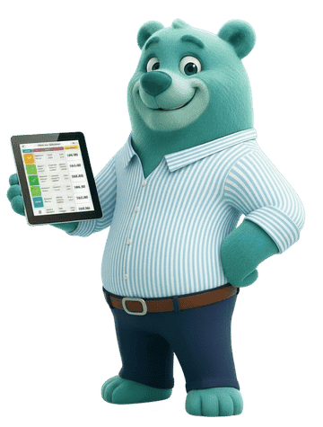 A confident bear proudly presents a modern tablet with auto insurance premiums for Quebec.