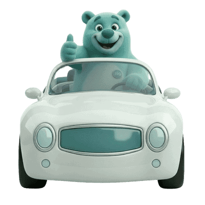 Ours bleu conduit voiture blanche et sourit.