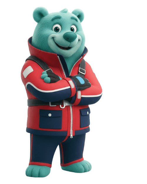 Ours bleu en tenue rouge présentant l'assurance bateau et voilier