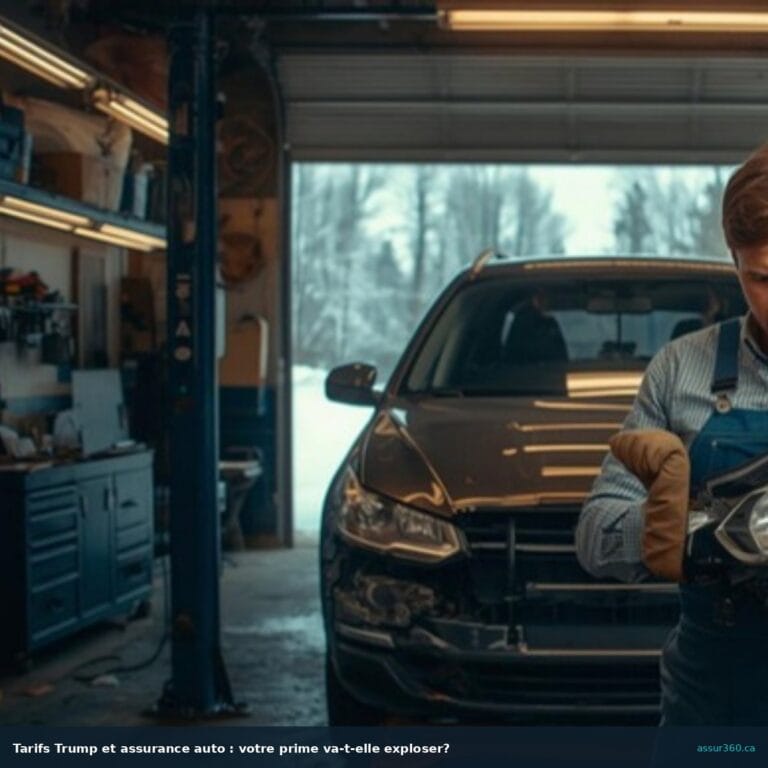 Quebec mechanic examining an auto replacement part in a garage in winter — impact of Trump tariffs on repair costs