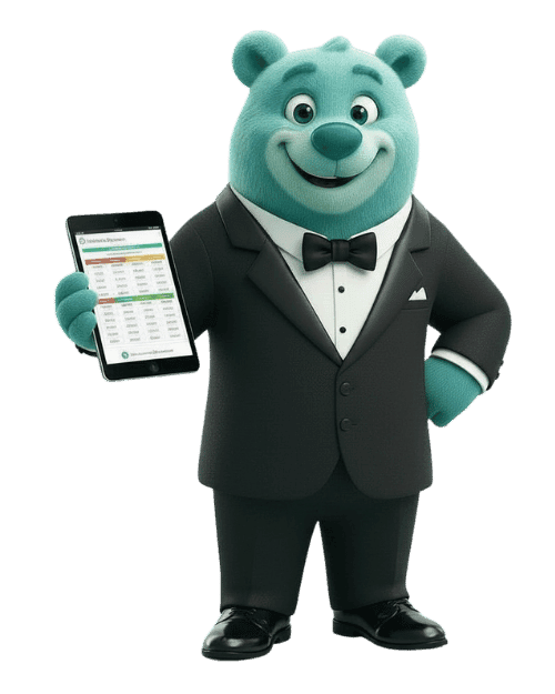 Ours bleu en smoking tenant une tablette