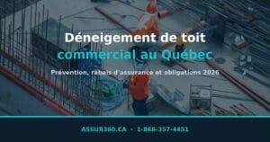 Photo d'ouvriers en train de déneiger un toit commercial au Québec.