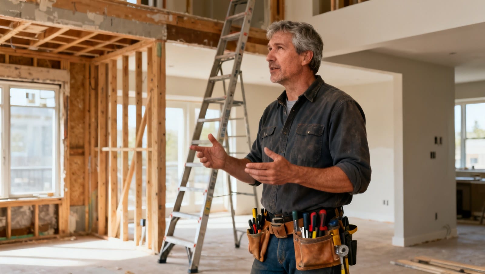 Entrepreneur en rénovation supervise un chantier résidentiel au Québec