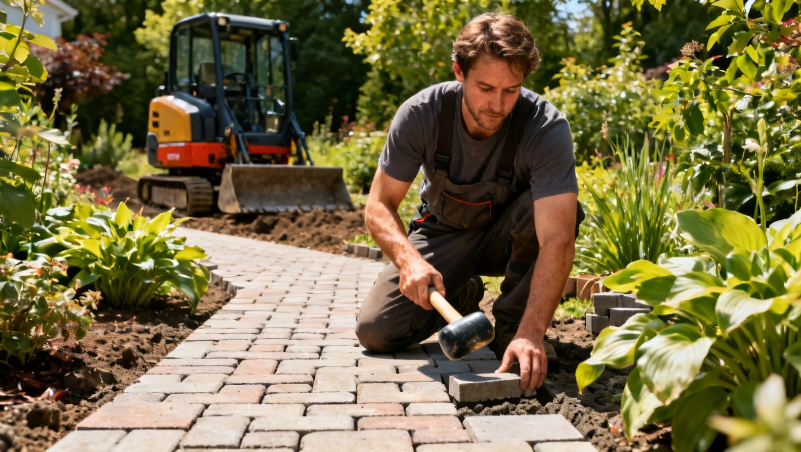 Paysagiste pose des pavés et aménage un jardin résidentiel au Québec