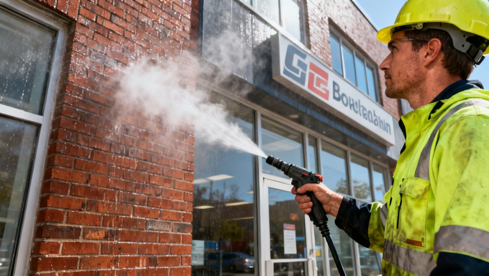 Travailleur effectue un lavage à pression d'une façade au Québec