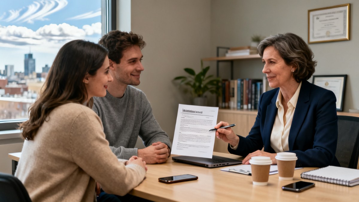 Conseillère en assurance discutant avec deux jeunes clients dans un bureau moderne.