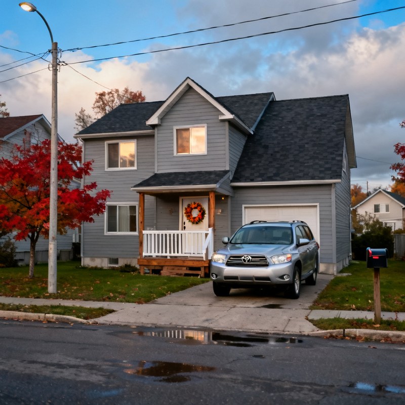 Family house with car parked in front, tree with red leaves in autumn.