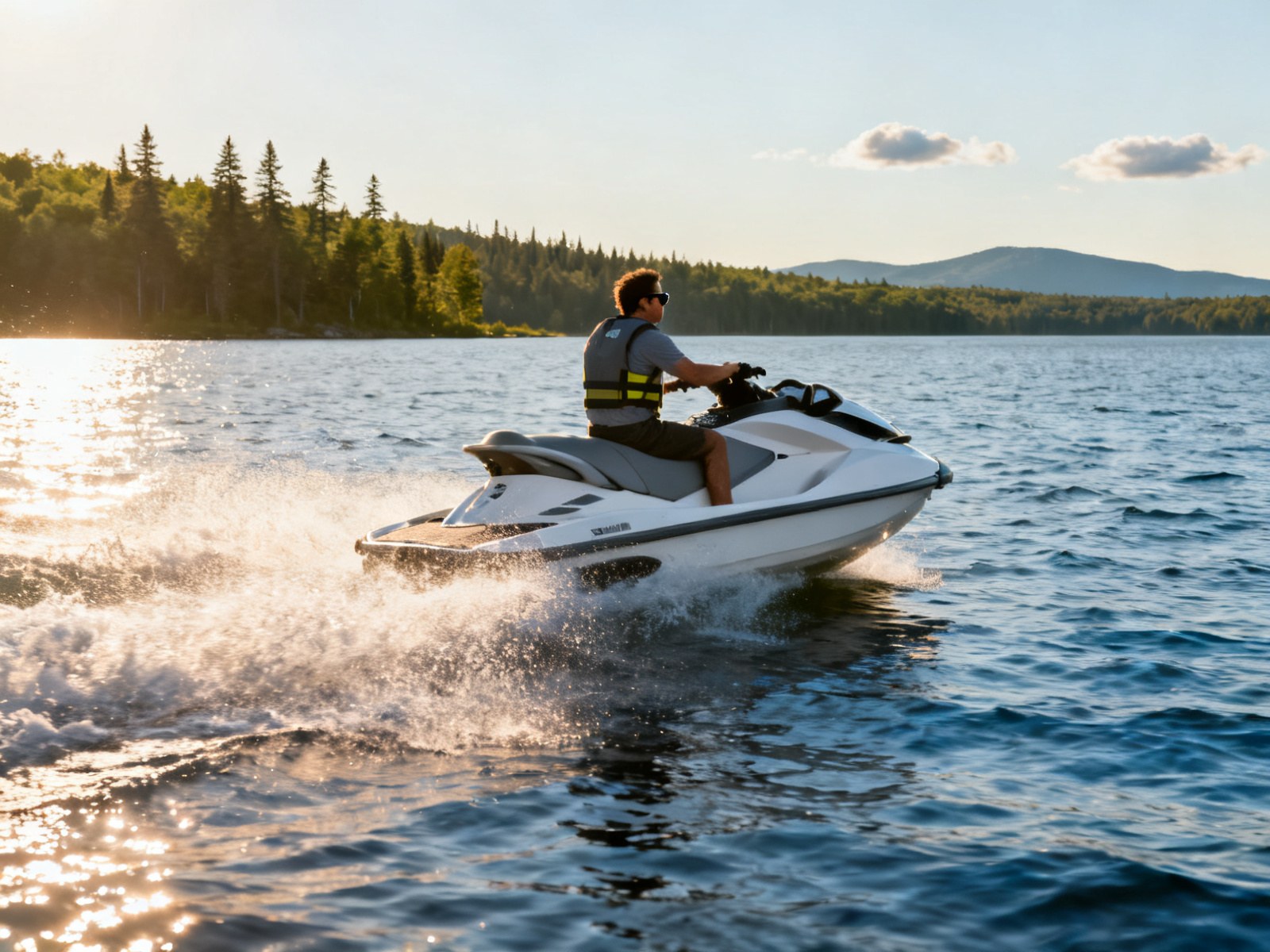 Old man driving a jet ski on a peaceful lake in the summer.