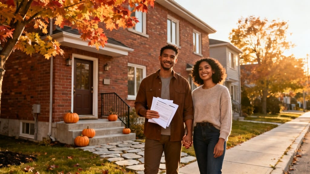 Jeune couple québécois devant leur nouvelle propriété — guide informatif sur l'assurance titre de propriété