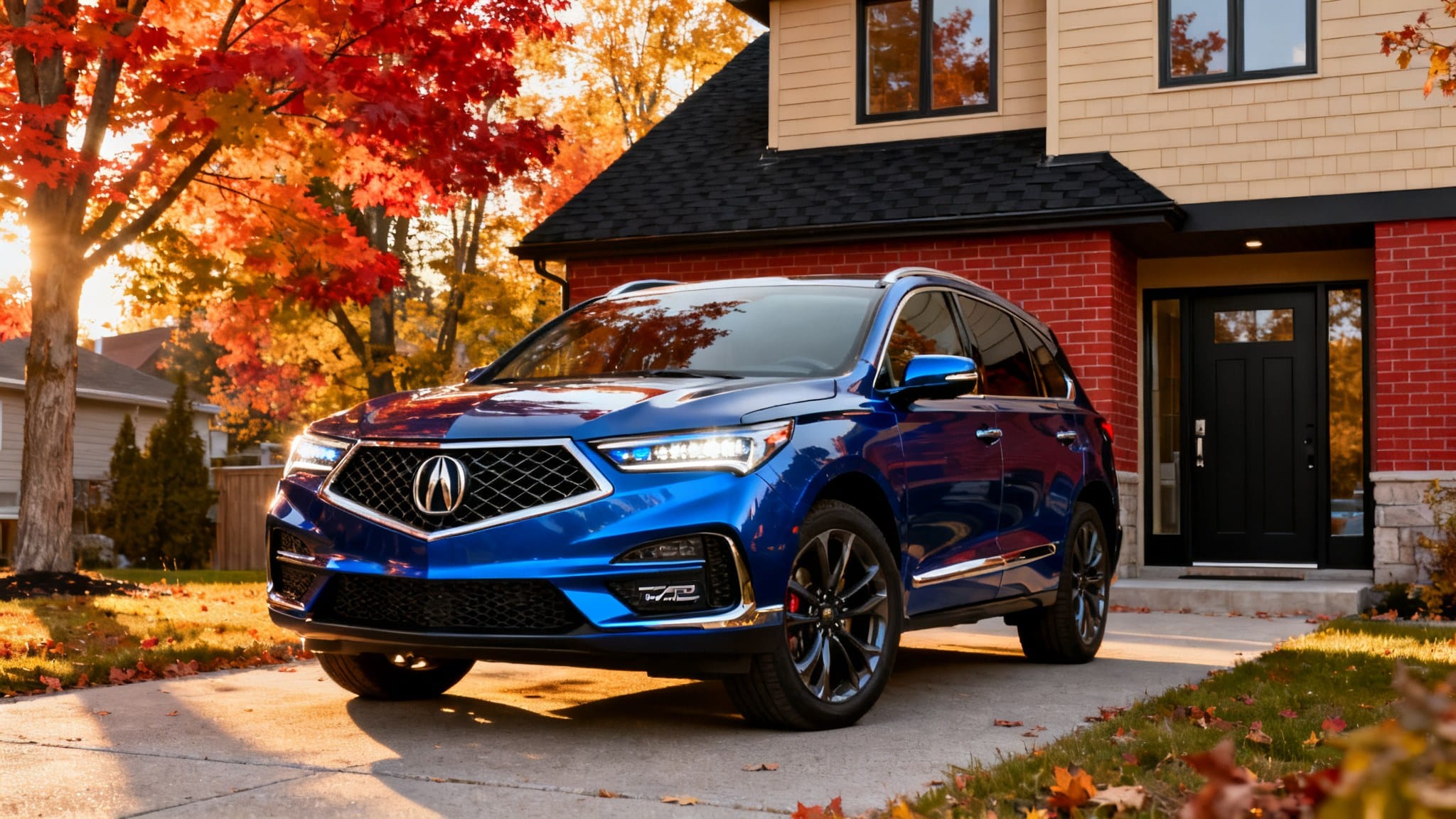 Voiture SUV bleue garée devant une maison avec arbres aux couleurs d'automne.