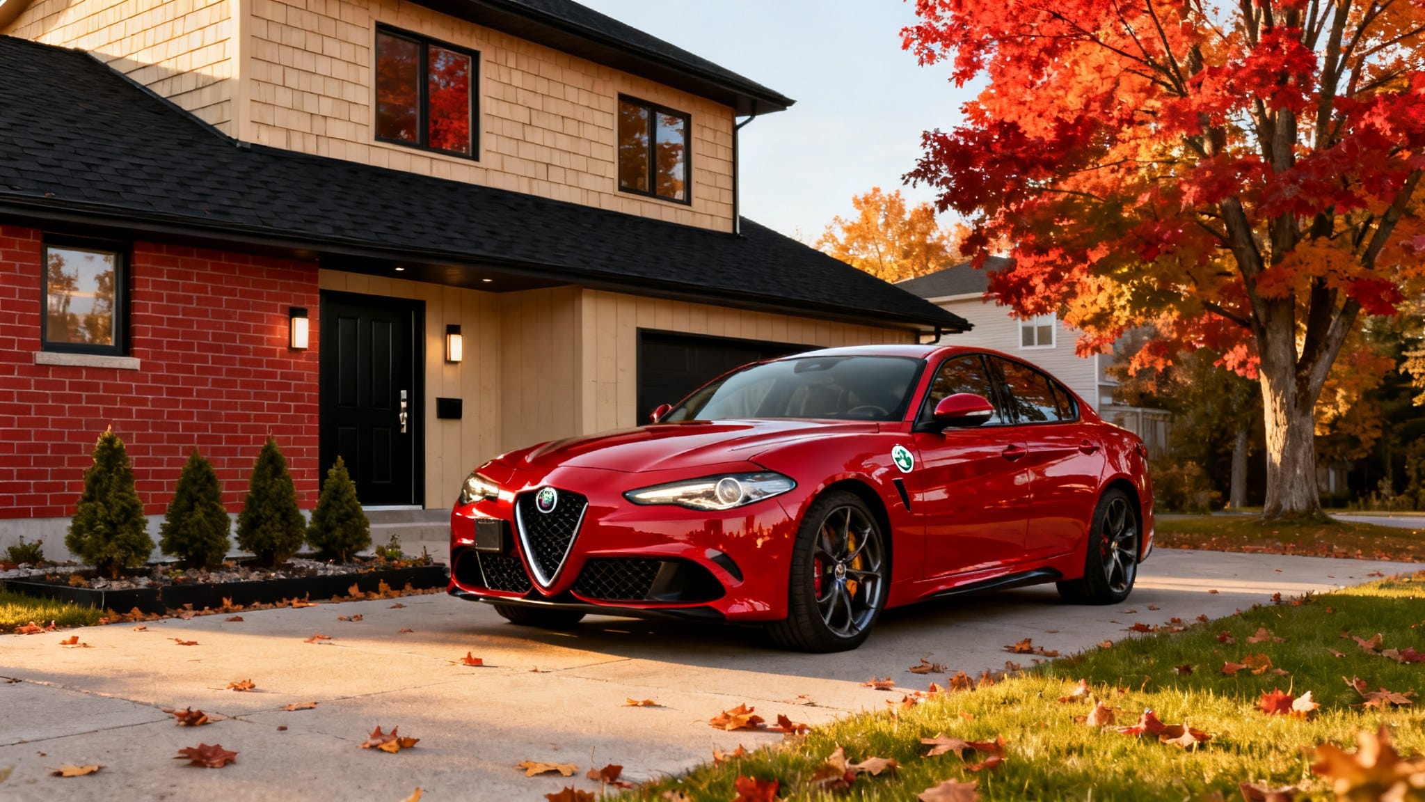 Voiture rouge sportive devant une maison avec arbres d'automne.