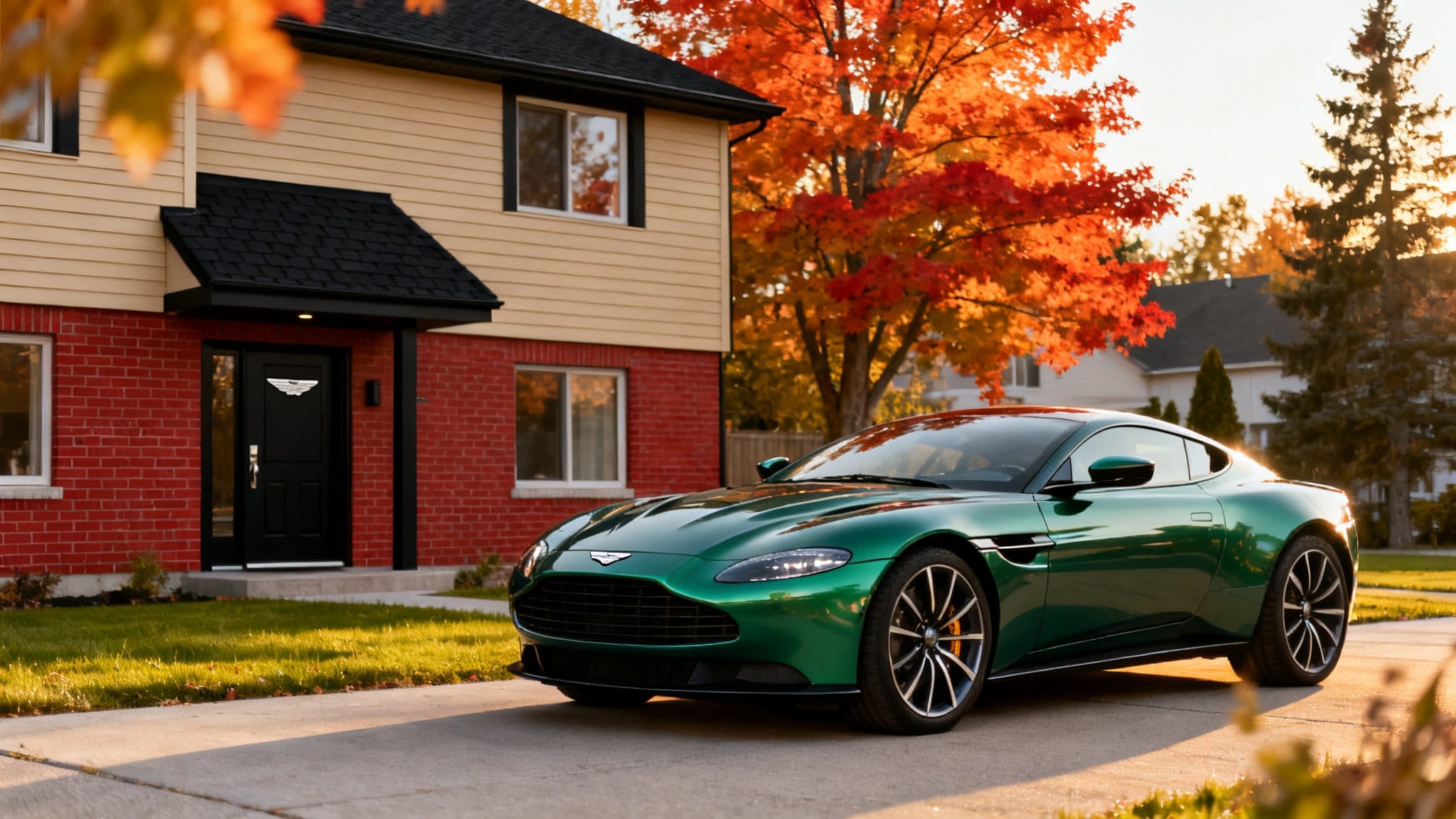 Voiture verte de luxe garée devant une maison résidentielle en automne.
