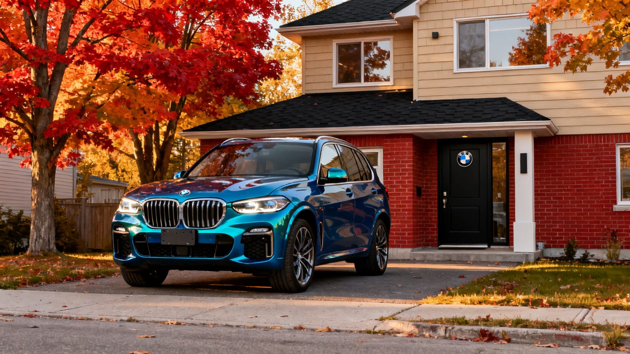 Voiture BMW bleue garée devant une maison en automne avec des arbres aux feuilles rouges.