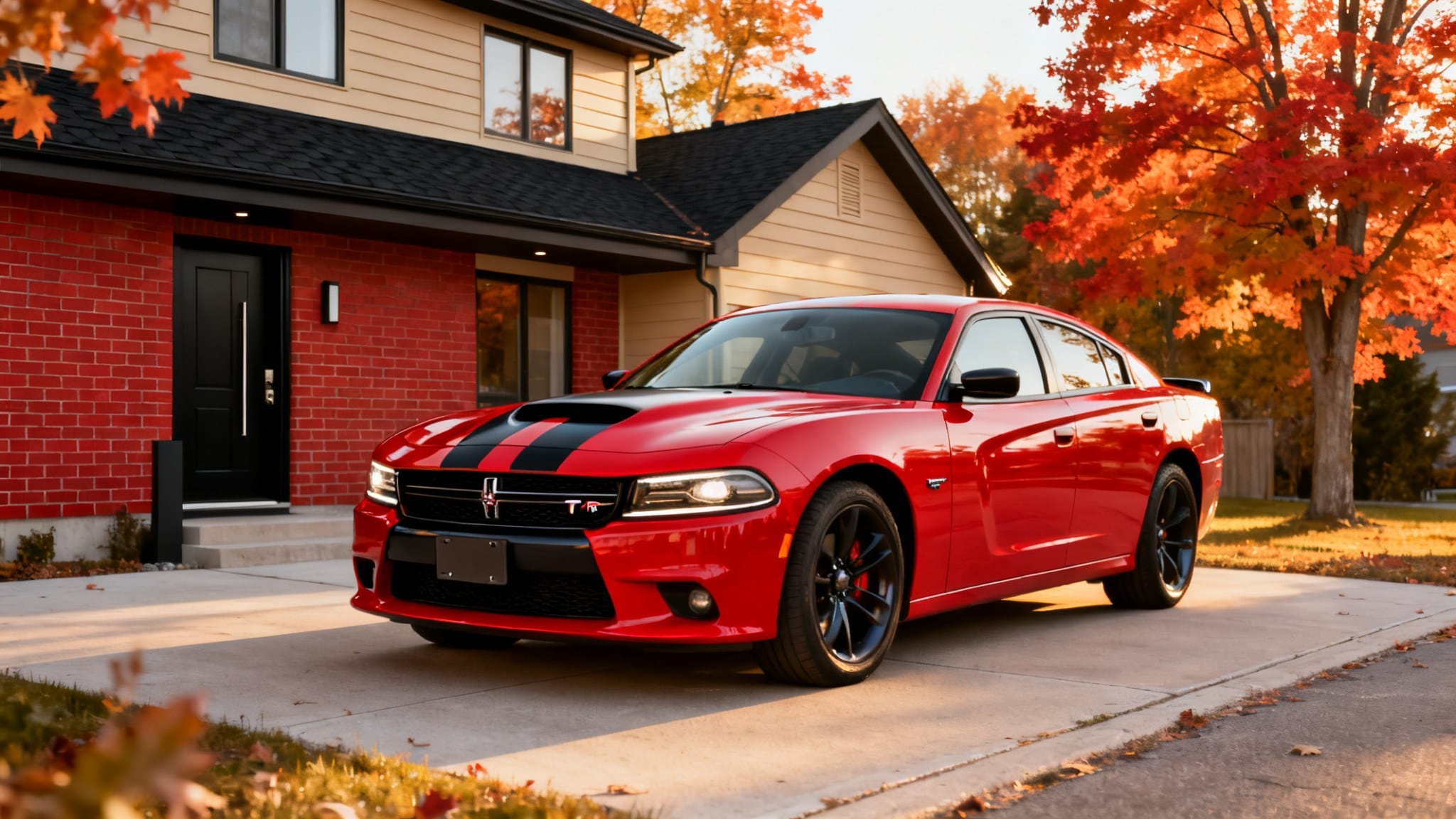 Voiture rouge sportive garée dans un quartier résidentiel en automne.