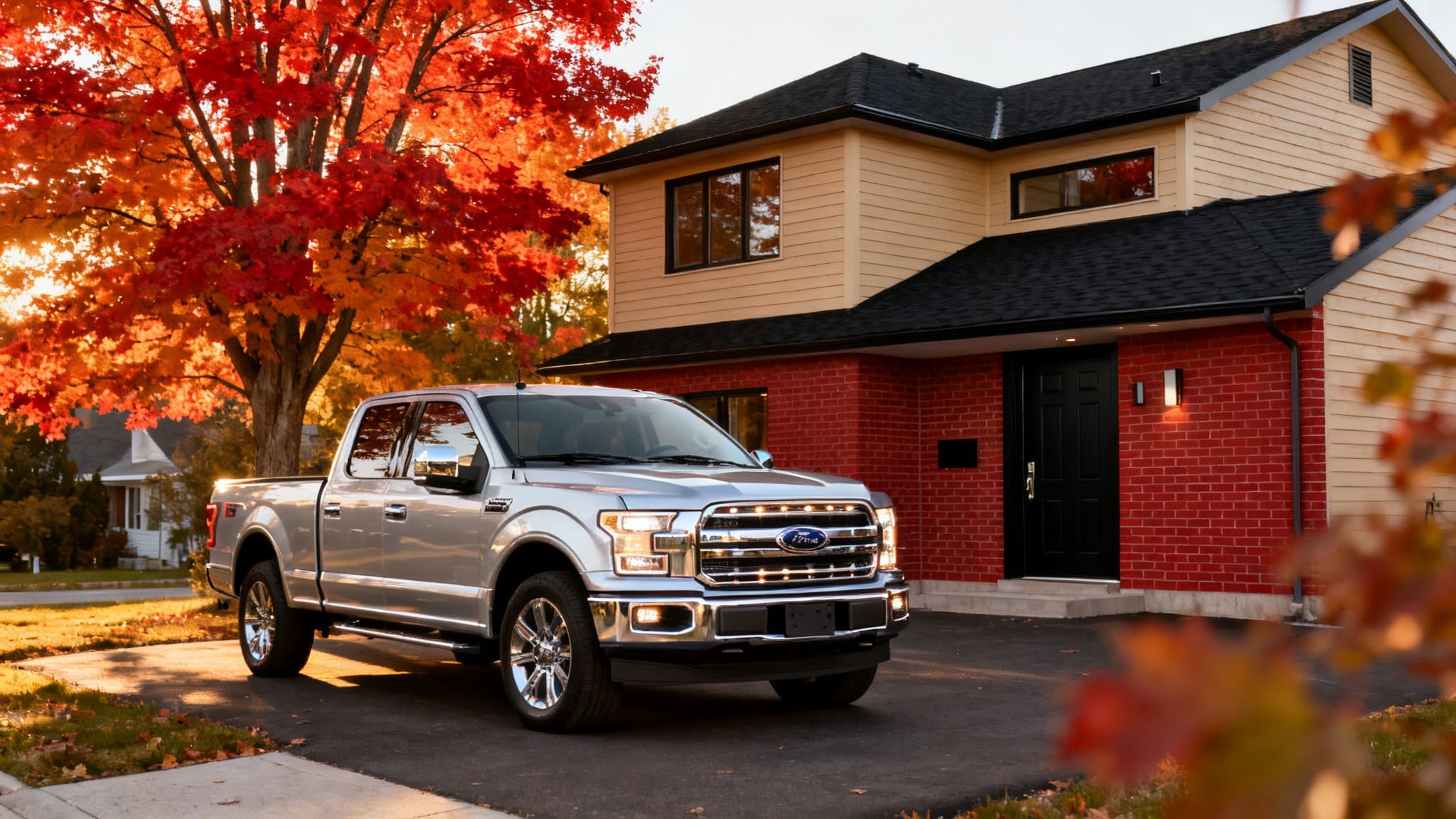 Camion gris garé devant une maison avec arbres aux feuilles rouges.
