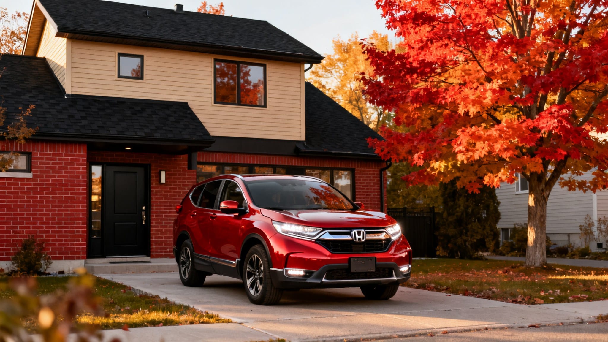 Voiture Honda CR-V rouge devant une maison avec arbre aux feuilles rouges.