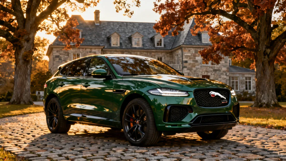 Voiture de luxe verte garée sur une route pavée avec arbres en automne.
