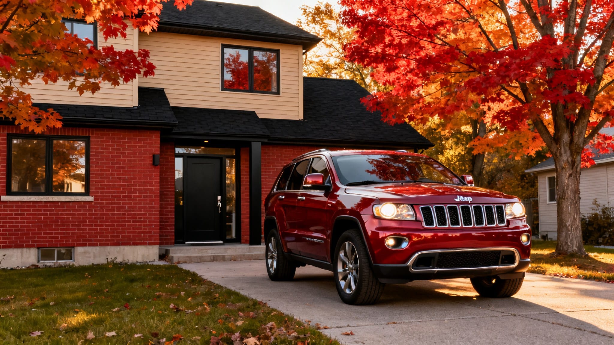 Jeep Grand Cherokee rouge Velvet devant une maison québécoise en automne