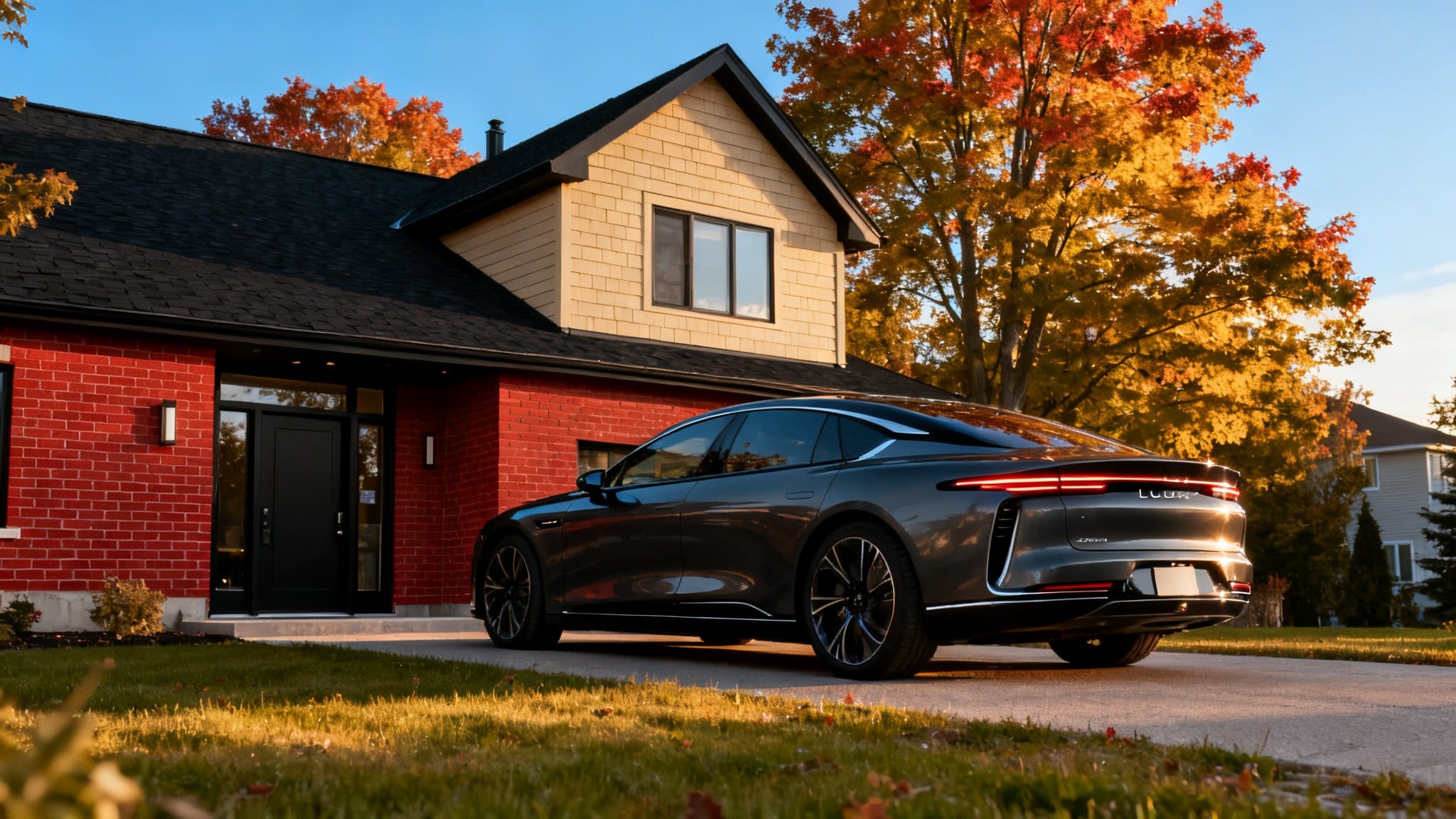 Voiture électrique noire garée devant une maison avec arbres d'automne.