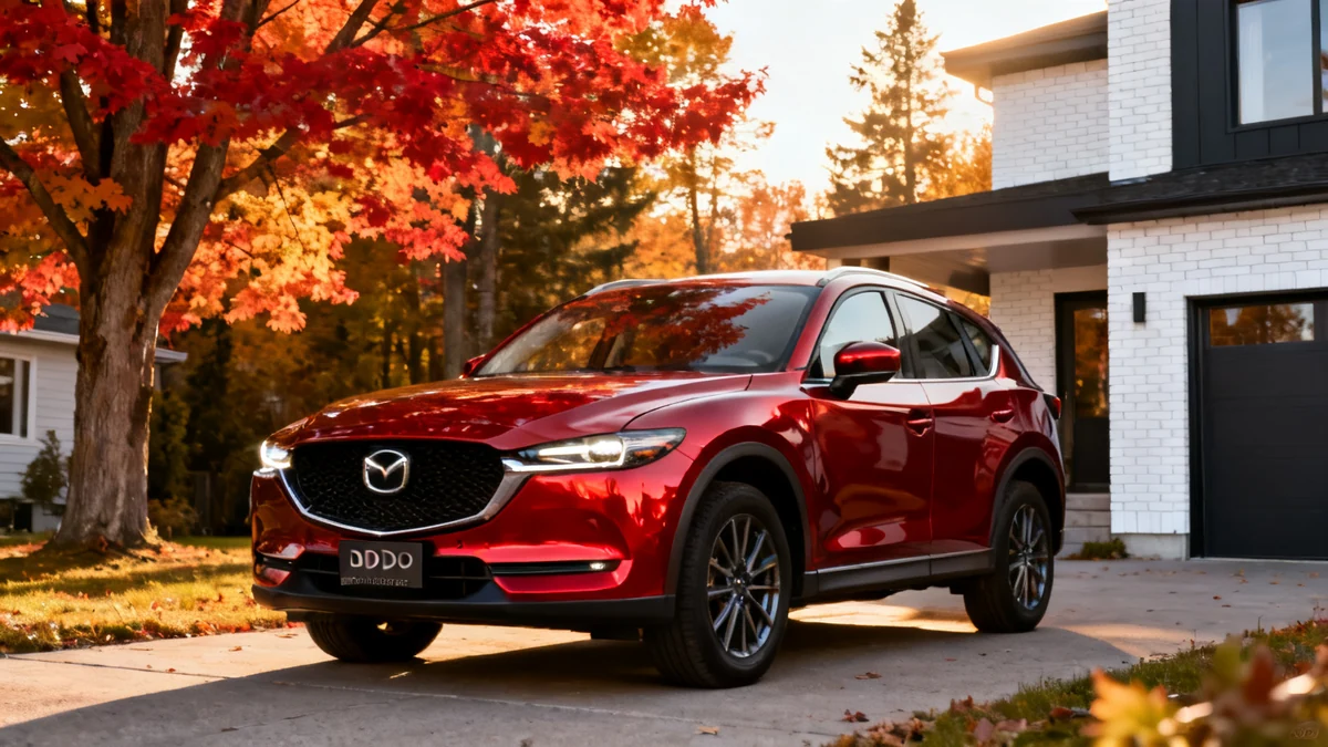 Mazda CX-5 Soul Red Crystal stationnée devant une maison québécoise en automne avec érables rouges — assurance auto Mazda Québec