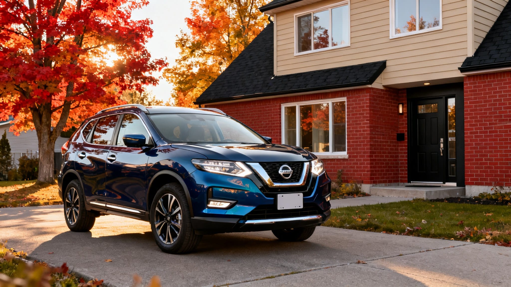 Voiture Nissan bleue garée devant une maison en automne.