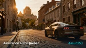 Voiture de sport noire roulant dans une rue pavée de Québec au coucher du soleil.