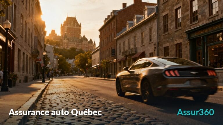 Voiture de sport noire roulant dans une rue pavée de Québec au coucher du soleil.