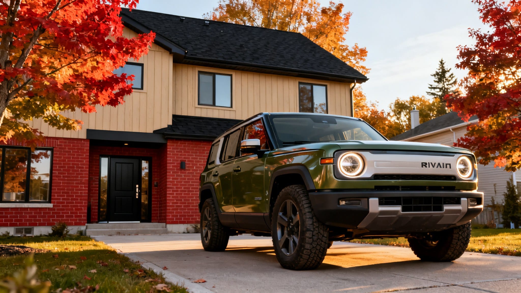 Véhicule SUV vert devant une maison avec arbres aux couleurs d'automne.