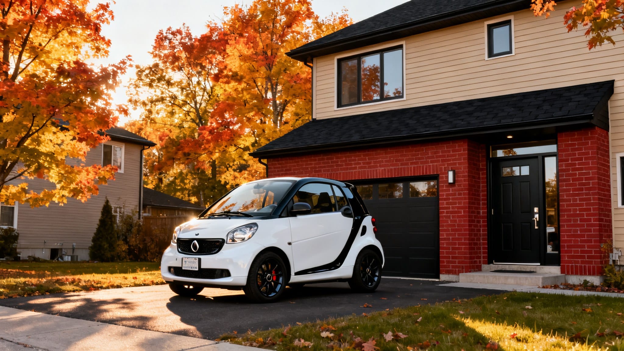 Voiture électrique blanche garée devant une maison en automne.