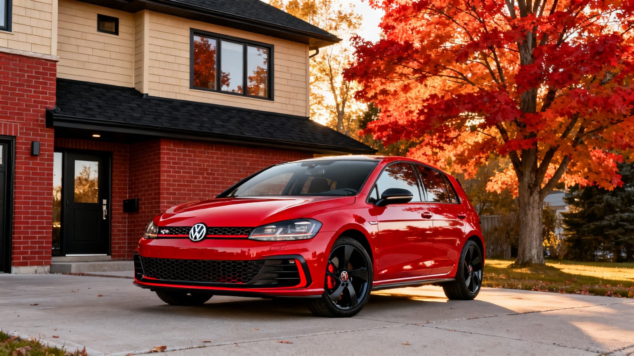 Volkswagen Golf GTI rouge devant une maison québécoise en automne