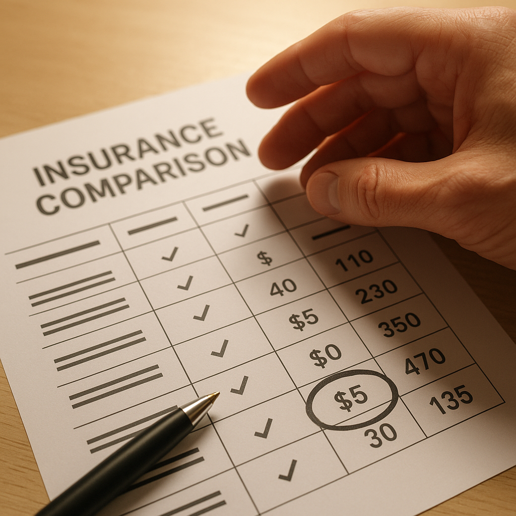 Main tenant une feuille de comparaison d'assurance avec un stylo.