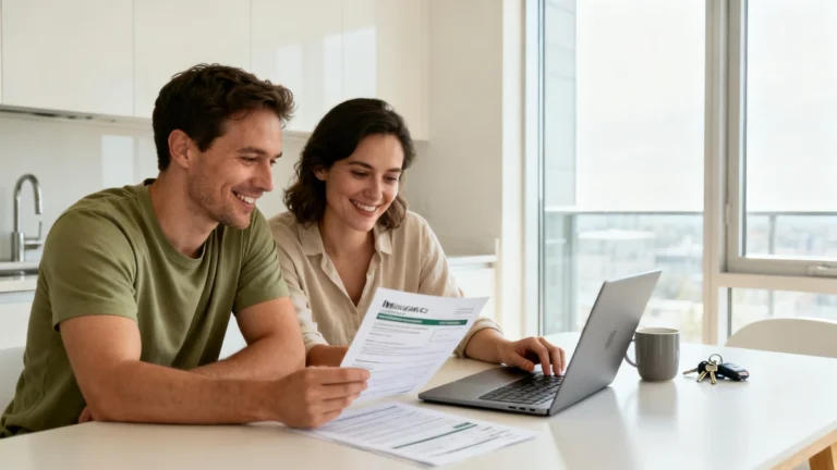 Couple québécois vérifiant ses économies d'assurance habitation et auto sur ordinateur portable dans une cuisine moderne — Assur360