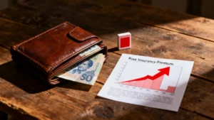 Portefeuille en cuir ouvert avec dollars canadiens et graphique flèche rouge à la hausse — hausse des primes d'assurance Québec