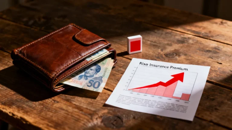 Portefeuille en cuir ouvert avec dollars canadiens et graphique flèche rouge à la hausse — hausse des primes d'assurance Québec