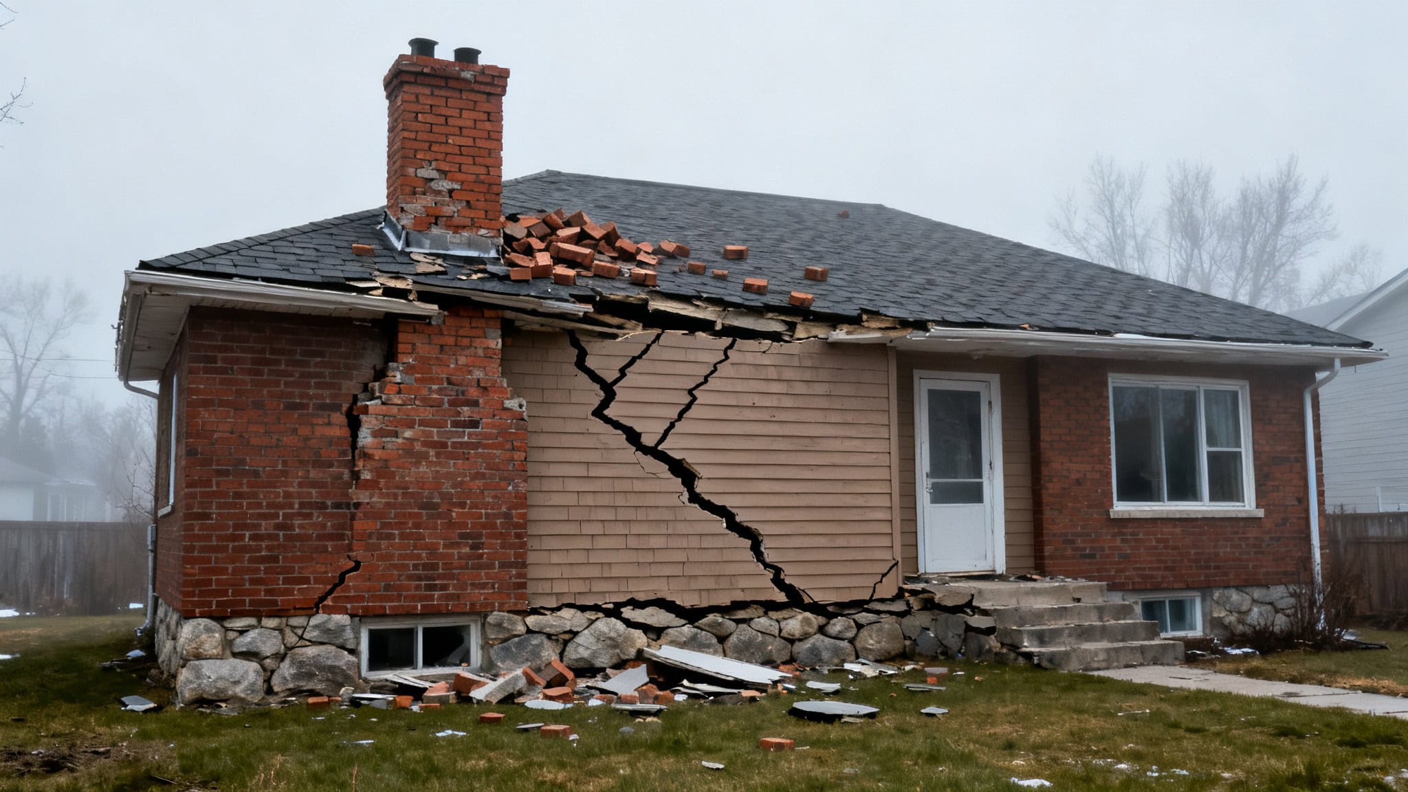 Maison avec des fissures et débris suite à une explosion ou un effondrement.