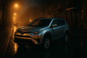 Voiture Toyota stationnée dans une rue sombre la nuit.