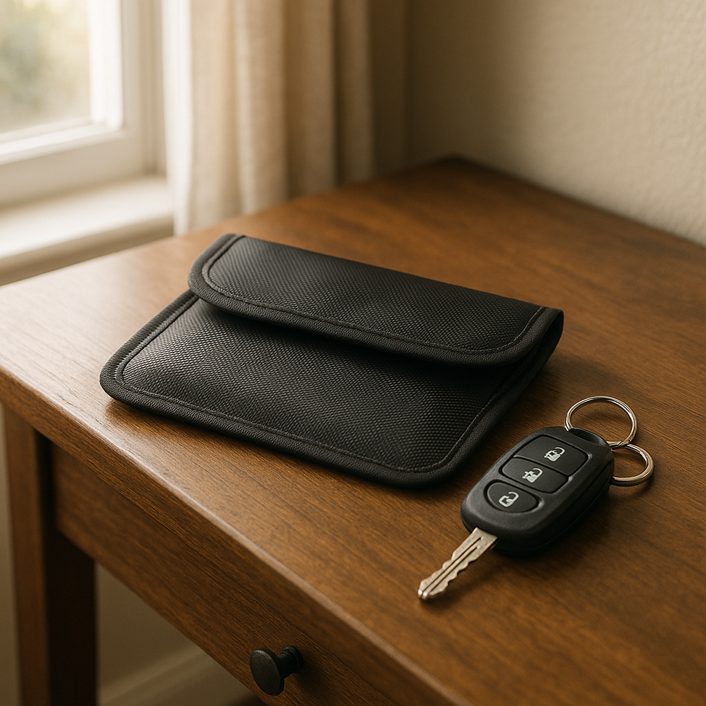 Clé de voiture avec étui noir sur une table en bois près d'une fenêtre.