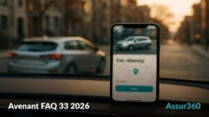Smartphone affichant une application de covoiturage avec une voiture en arrière-plan.