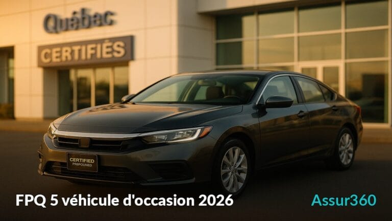 Voiture noire de 2026 stationnée devant un bâtiment Assur360.