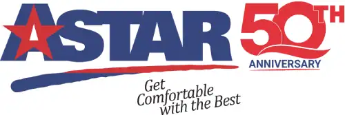 Astar 50th Anniversary logo with a red star, blue and red text, and the tagline "Get Comfortable with the Best" underneath.
