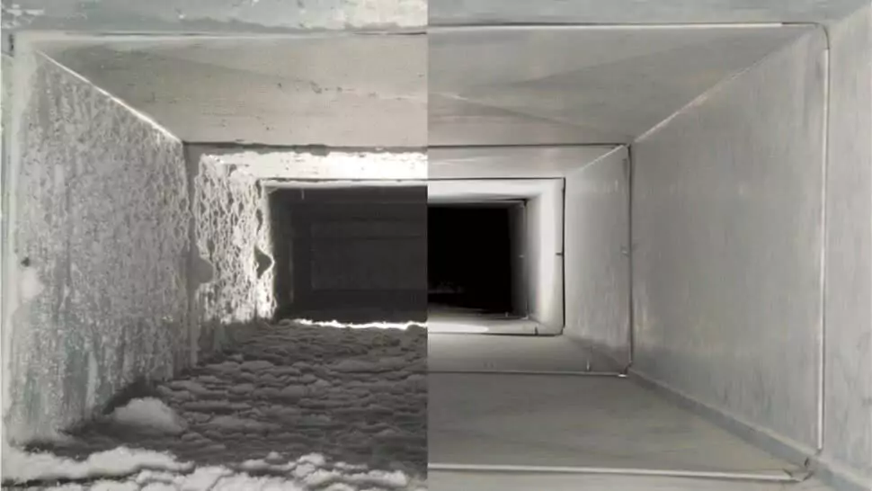 Side-by-side comparison of two air ducts: the left is clogged with dust and debris, and the right is clean and clear.